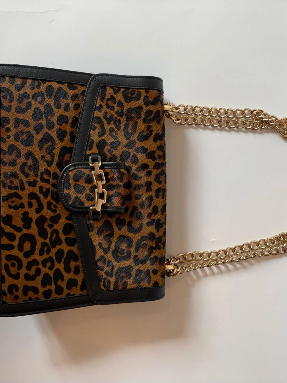 Italian Leather & Leopard Calf Hair Shoulder Bag with Gold Chain